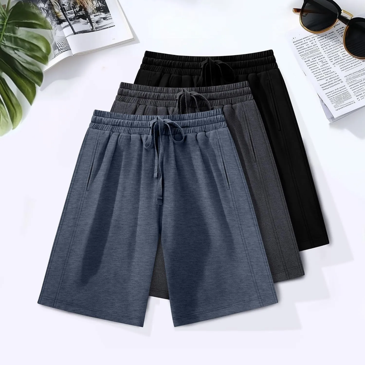 3 Pack Women's Plus Size Bermuda Shorts, Drawstring Elastic Waisted Bermuda Summer Casual Cotton Shorts with Pockets