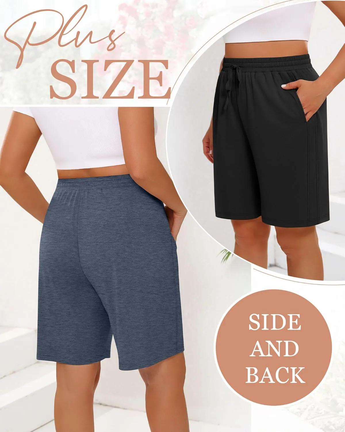 3 Pack Women's Plus Size Bermuda Shorts, Drawstring Elastic Waisted Bermuda Summer Casual Cotton Shorts with Pockets