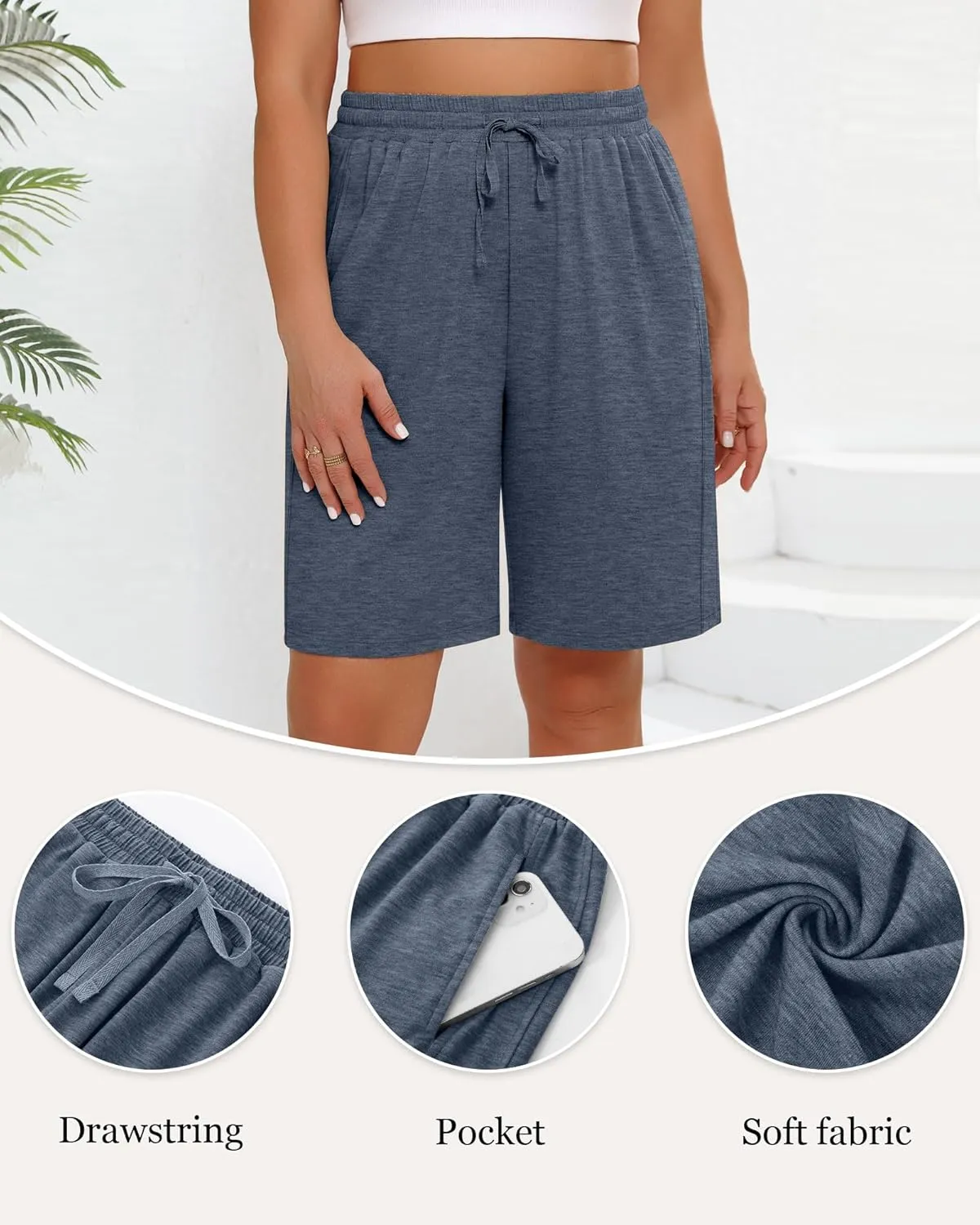 3 Pack Women's Plus Size Bermuda Shorts, Drawstring Elastic Waisted Bermuda Summer Casual Cotton Shorts with Pockets