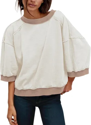 3/4 Sleeve Sweatshirt for Women Vintage Oversized Crewneck Sweatshirts Pullover Tops Casual Spring Fall Clothes