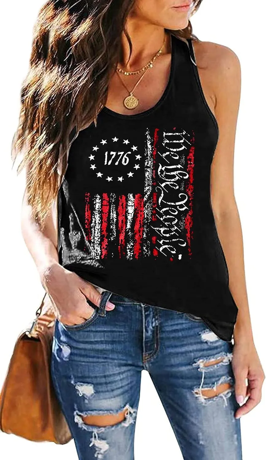 4th of July Tank Women American Flag Lips Funny Graphic Casual Sleeveless Tee Top