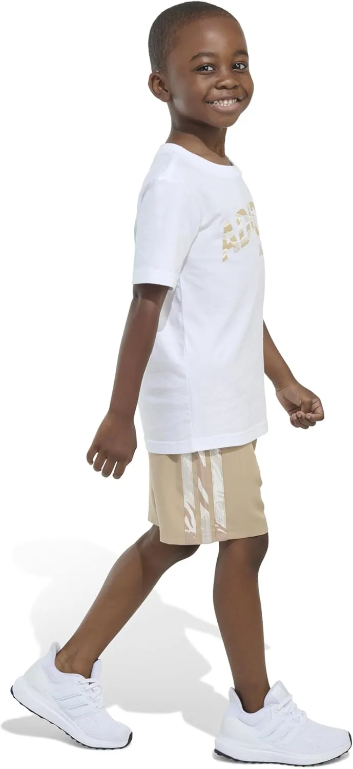 adidas Boys Short Sleeve Cotton Tee Shirt and Camo 3-stripe Woven Short Set