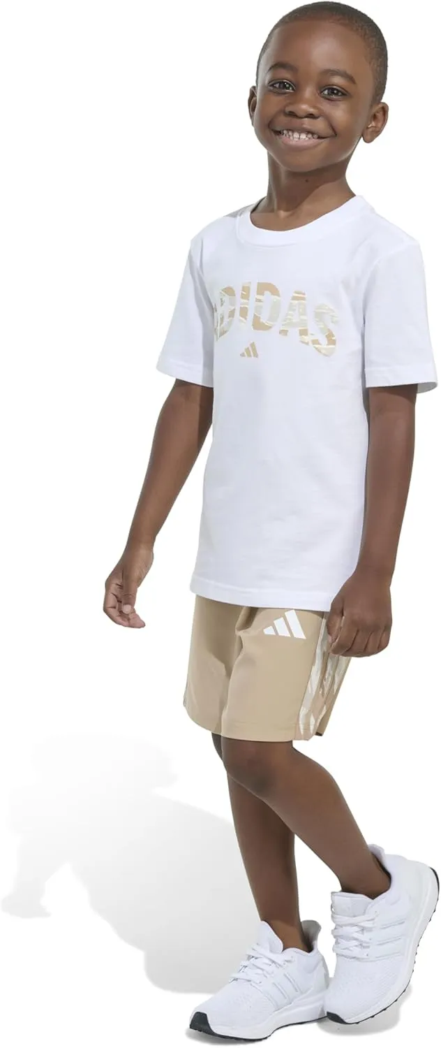 adidas Boys Short Sleeve Cotton Tee Shirt and Camo 3-stripe Woven Short Set