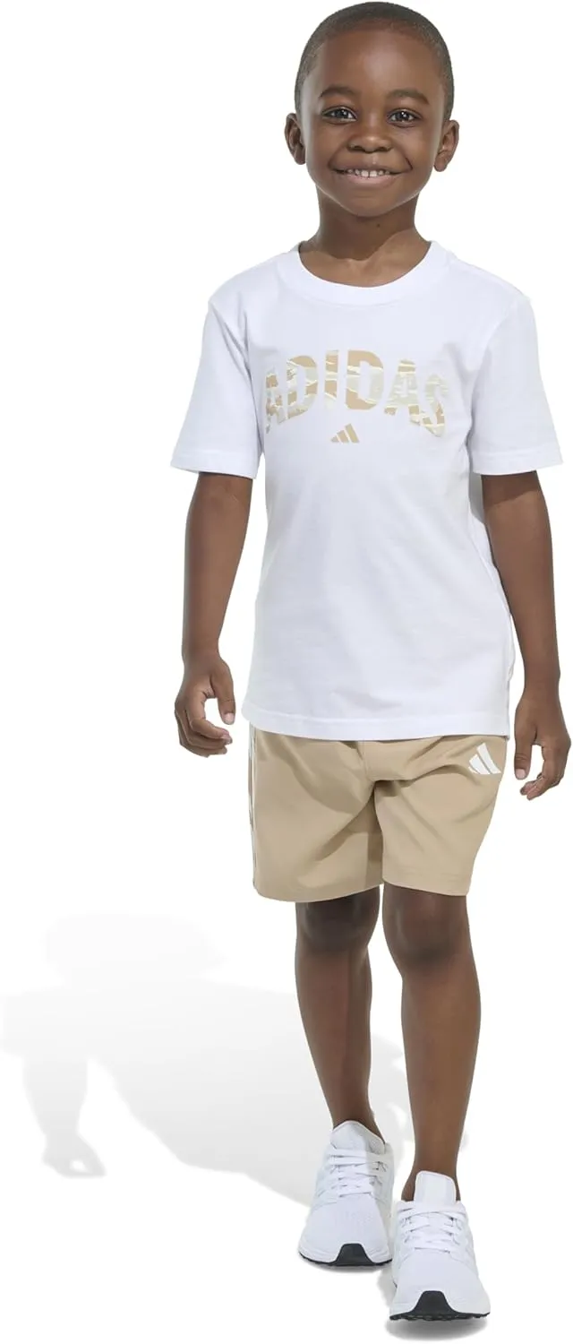 adidas Boys Short Sleeve Cotton Tee Shirt and Camo 3-stripe Woven Short Set