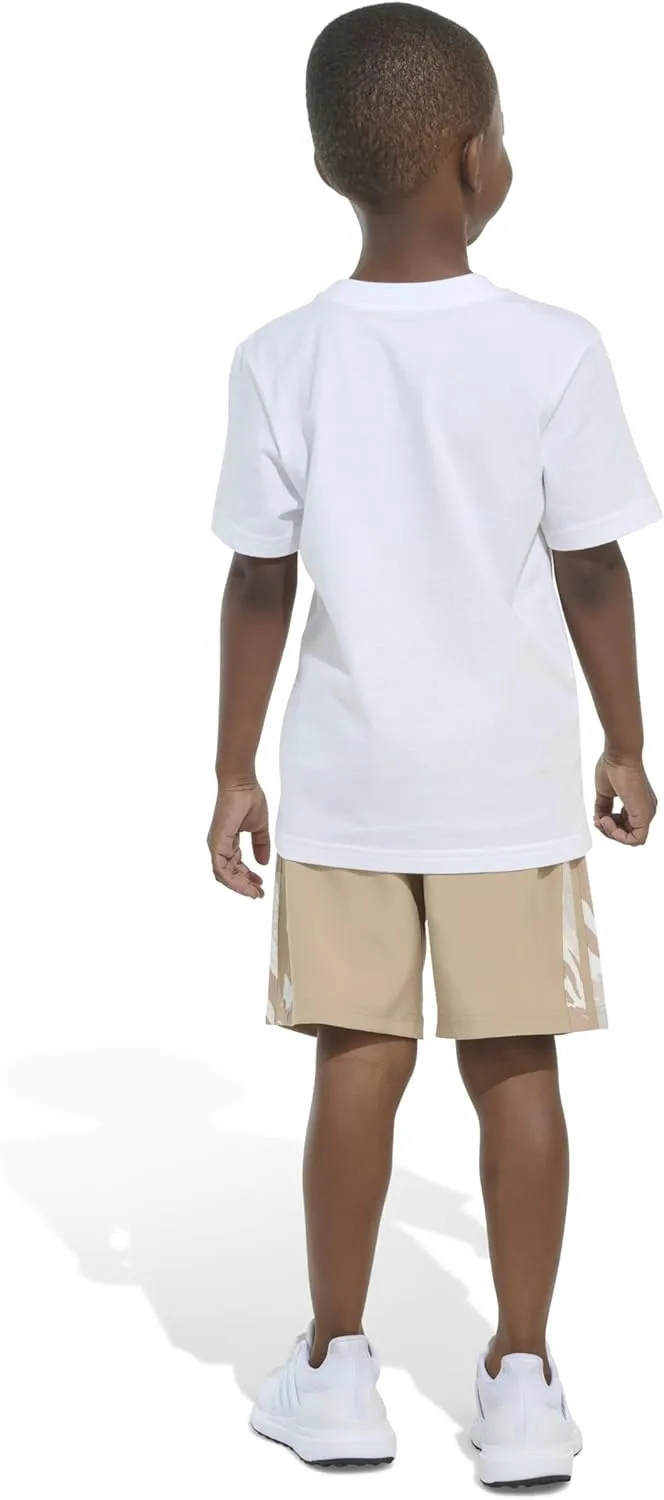 adidas Boys Short Sleeve Cotton Tee Shirt and Camo 3-stripe Woven Short Set