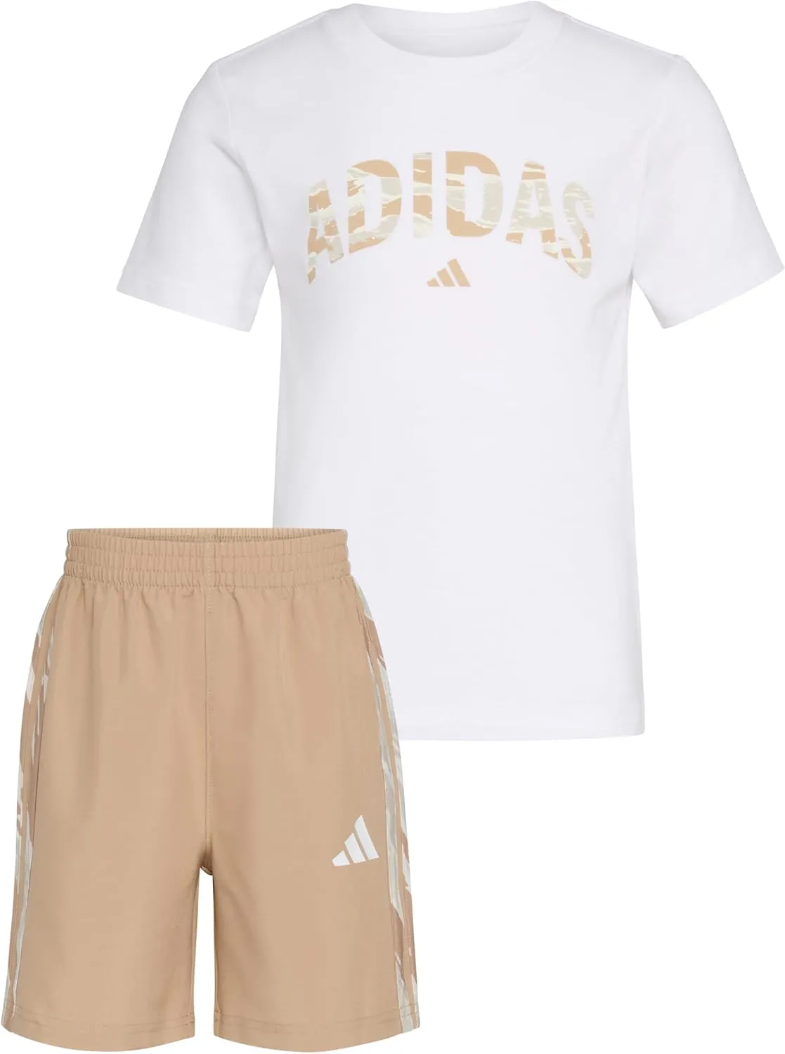 adidas Boys Short Sleeve Cotton Tee Shirt and Camo 3-stripe Woven Short Set