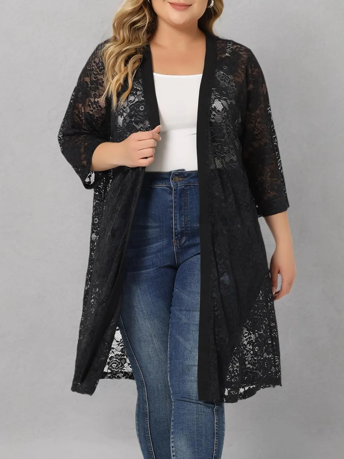 Agnes Orinda Plus Size Cardigans for Women Lace Cardigan Lightweight Crochet 3/4 Sleeve Cover Up Jacket