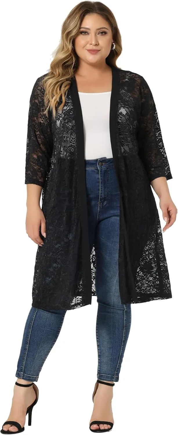Agnes Orinda Plus Size Cardigans for Women Lace Cardigan Lightweight Crochet 3/4 Sleeve Cover Up Jacket