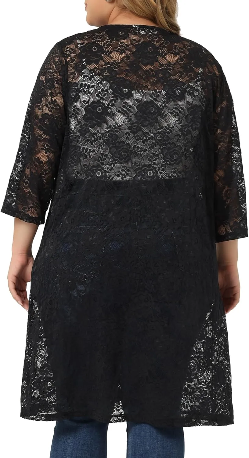 Agnes Orinda Plus Size Cardigans for Women Lace Cardigan Lightweight Crochet 3/4 Sleeve Cover Up Jacket