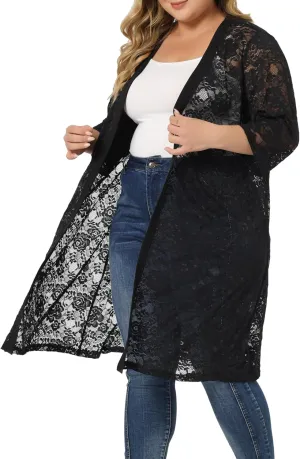Agnes Orinda Plus Size Cardigans for Women Lace Cardigan Lightweight Crochet 3/4 Sleeve Cover Up Jacket