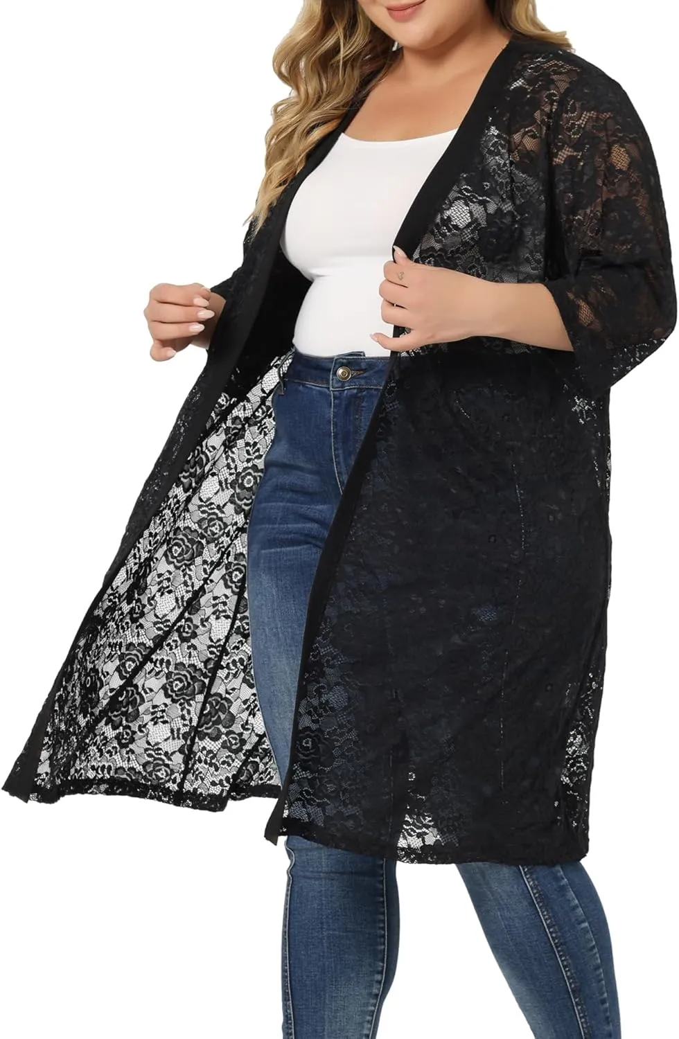 Agnes Orinda Plus Size Cardigans for Women Lace Cardigan Lightweight Crochet 3/4 Sleeve Cover Up Jacket