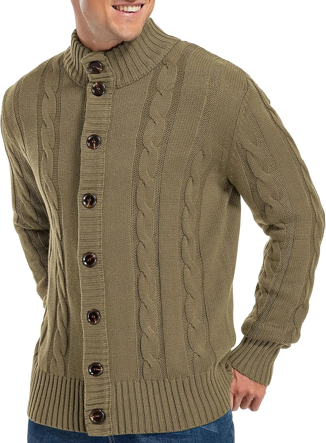 Aimeilgot Mens Fashion Casual Slim Fit Button Down Cable Knitted Stand Collar Cardigan Sweater