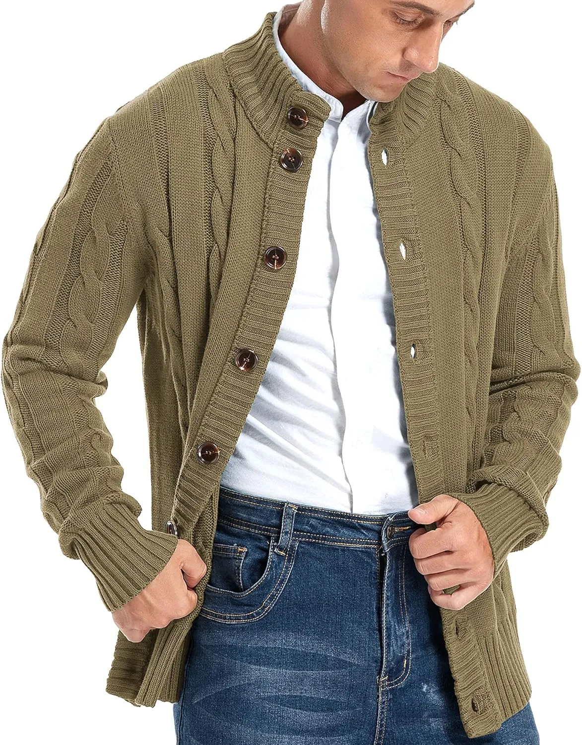 Aimeilgot Mens Fashion Casual Slim Fit Button Down Cable Knitted Stand Collar Cardigan Sweater