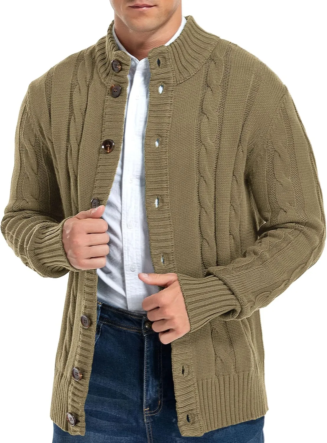 Aimeilgot Mens Fashion Casual Slim Fit Button Down Cable Knitted Stand Collar Cardigan Sweater