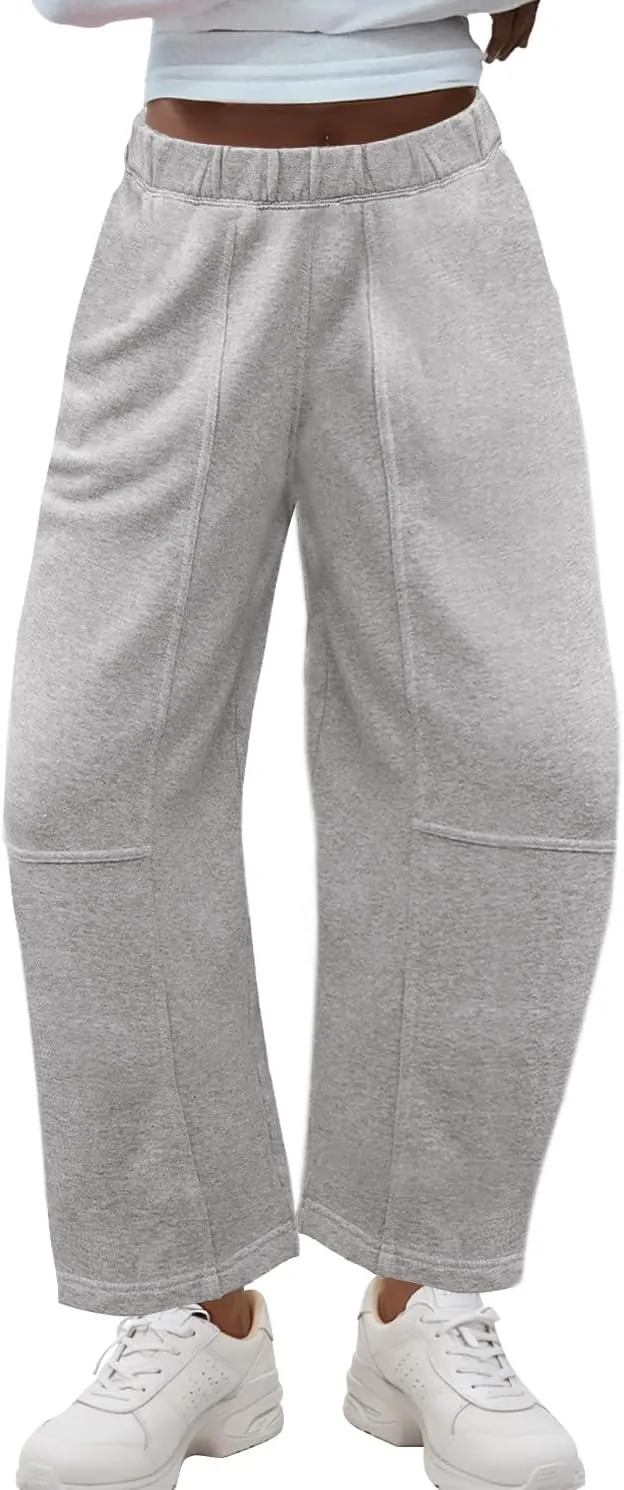 Ainangua Womens Baggy Barrel Wide Leg Sweatpants Casual Mid Rise Elastic Waisted Palazzo Harem Pants with Pockets