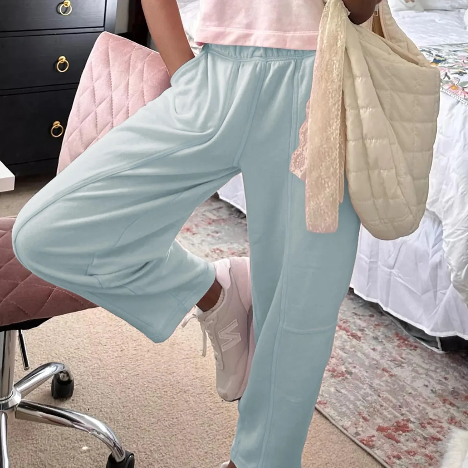 Ainangua Womens Baggy Barrel Wide Leg Sweatpants Casual Mid Rise Elastic Waisted Palazzo Harem Pants with Pockets