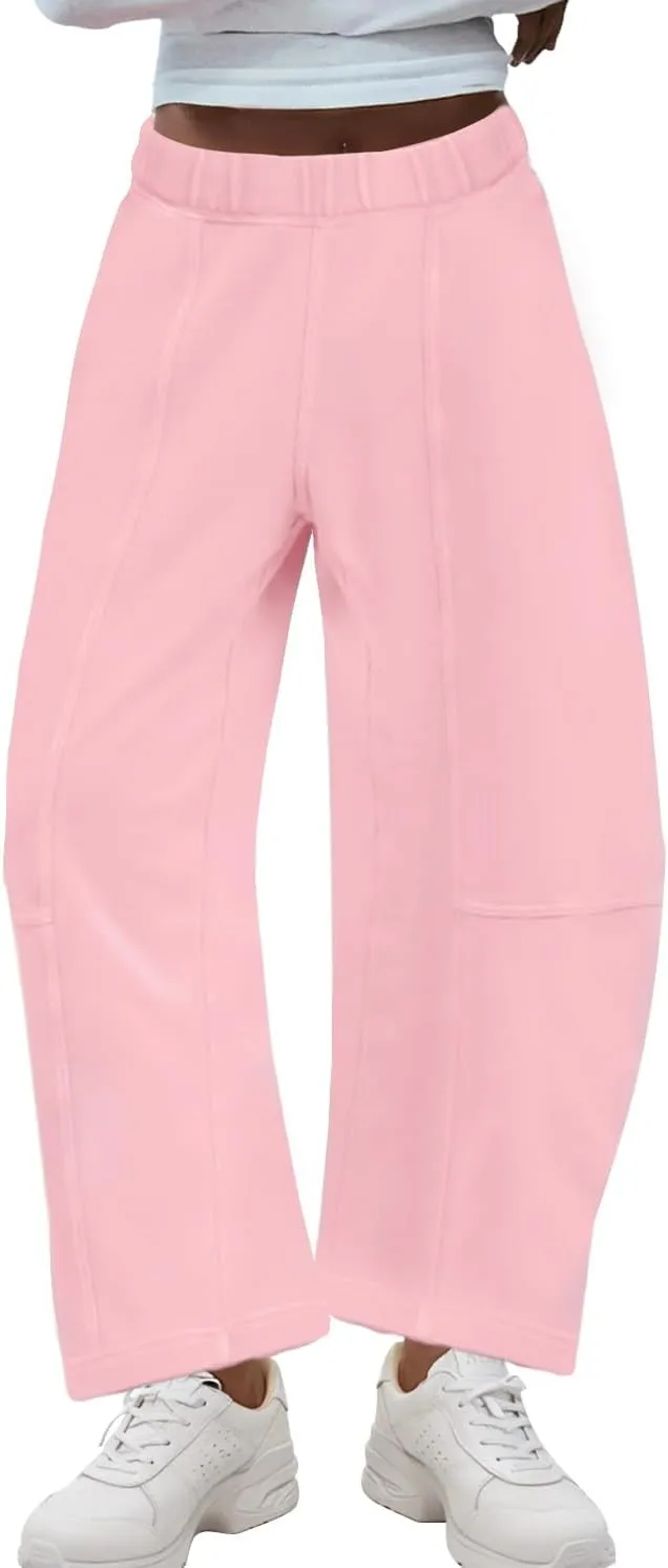Ainangua Womens Baggy Barrel Wide Leg Sweatpants Casual Mid Rise Elastic Waisted Palazzo Harem Pants with Pockets