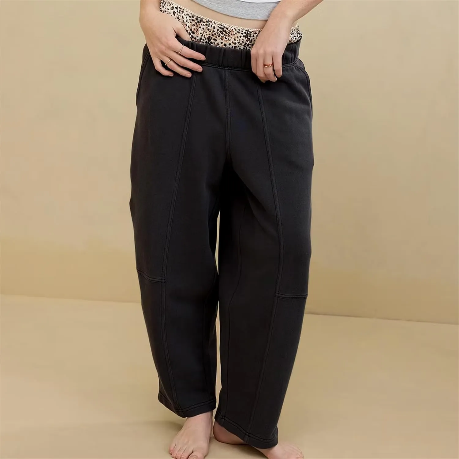 Ainangua Womens Baggy Barrel Wide Leg Sweatpants Casual Mid Rise Elastic Waisted Palazzo Harem Pants with Pockets