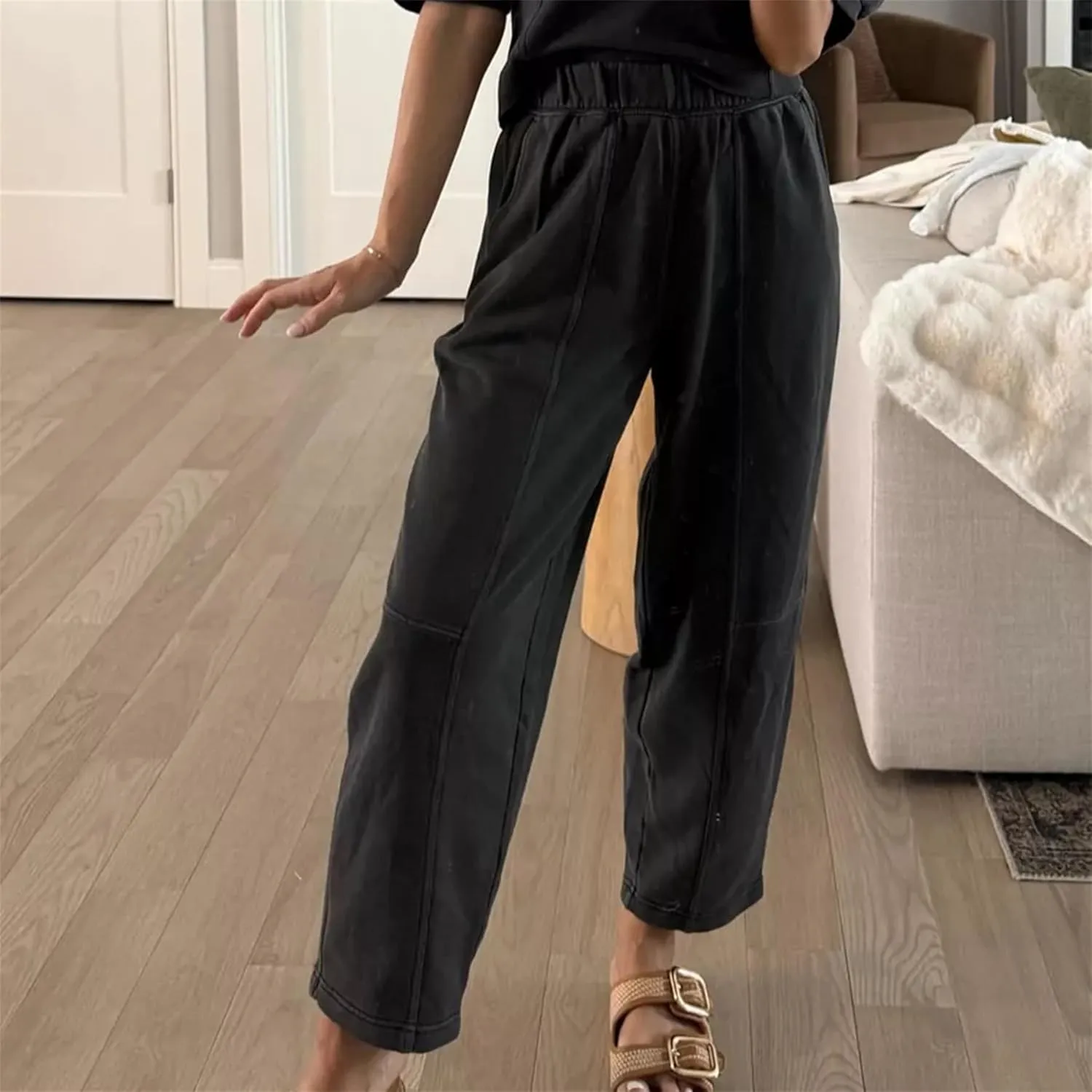 Ainangua Womens Baggy Barrel Wide Leg Sweatpants Casual Mid Rise Elastic Waisted Palazzo Harem Pants with Pockets
