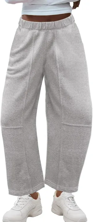 Ainangua Womens Baggy Barrel Wide Leg Sweatpants Casual Mid Rise Elastic Waisted Palazzo Harem Pants with Pockets