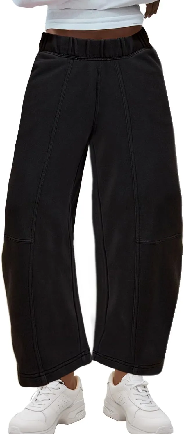 Ainangua Womens Baggy Barrel Wide Leg Sweatpants Casual Mid Rise Elastic Waisted Palazzo Harem Pants with Pockets