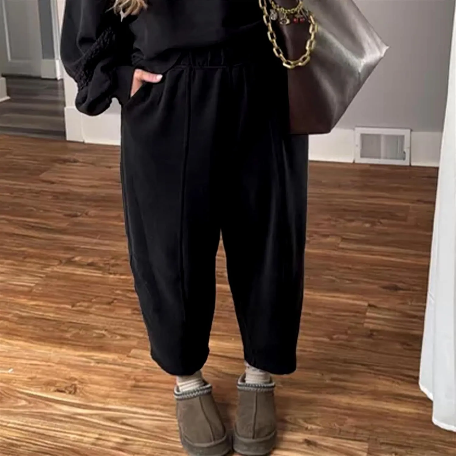 Ainangua Womens Baggy Barrel Wide Leg Sweatpants Casual Mid Rise Elastic Waisted Palazzo Harem Pants with Pockets