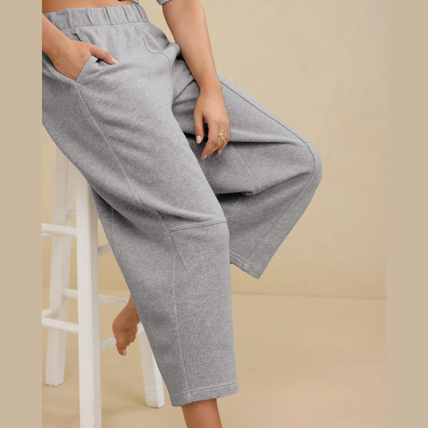 Ainangua Womens Baggy Barrel Wide Leg Sweatpants Casual Mid Rise Elastic Waisted Palazzo Harem Pants with Pockets