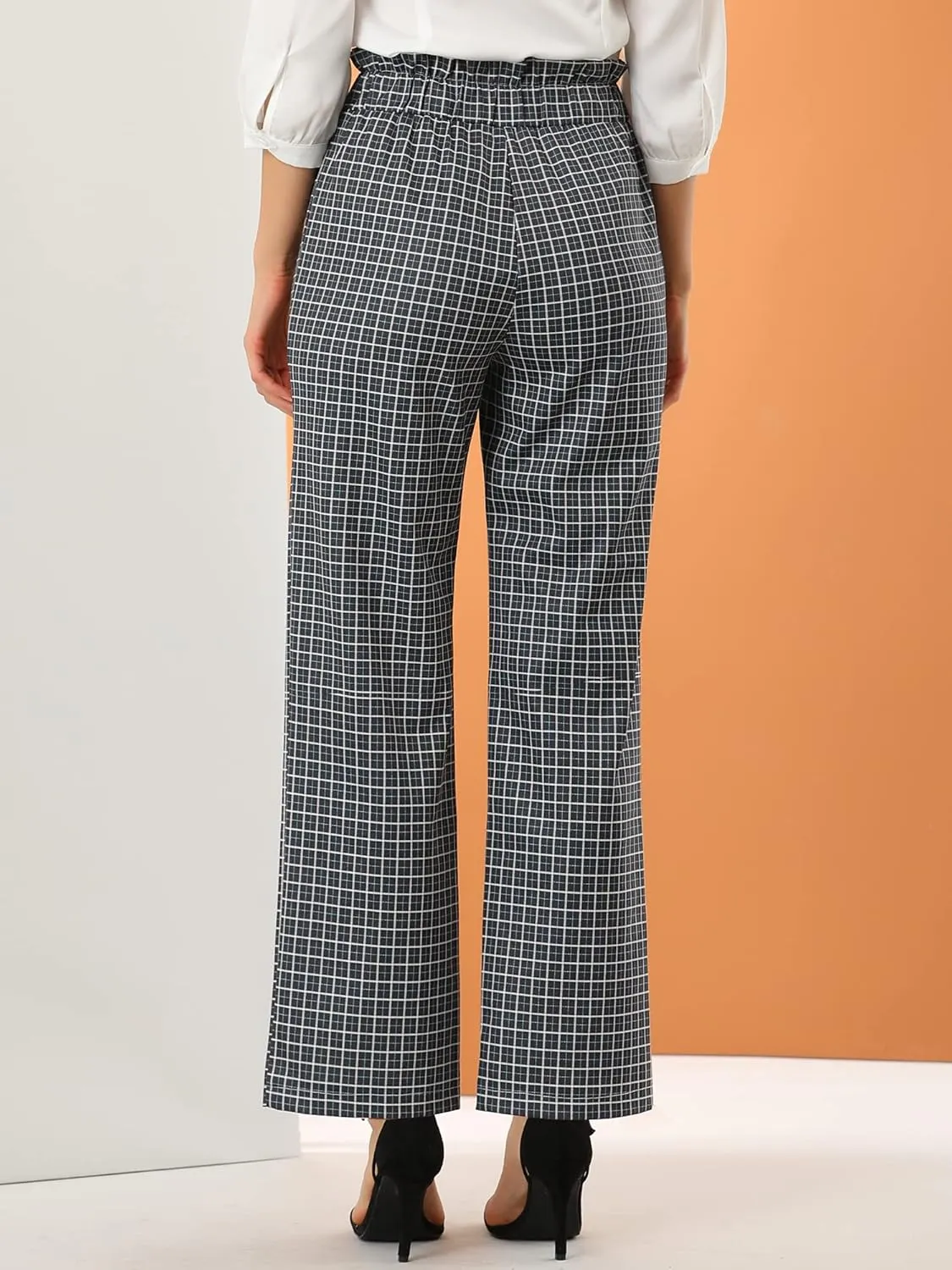 Allegra K Women's High Waist Casual Plaid Tartan Straight Leg Long Pants