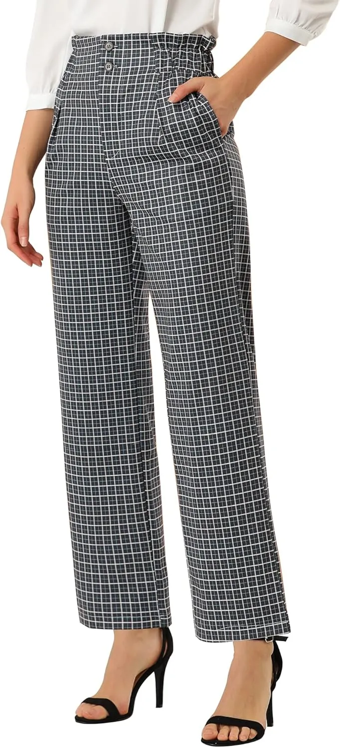 Allegra K Women's High Waist Casual Plaid Tartan Straight Leg Long Pants