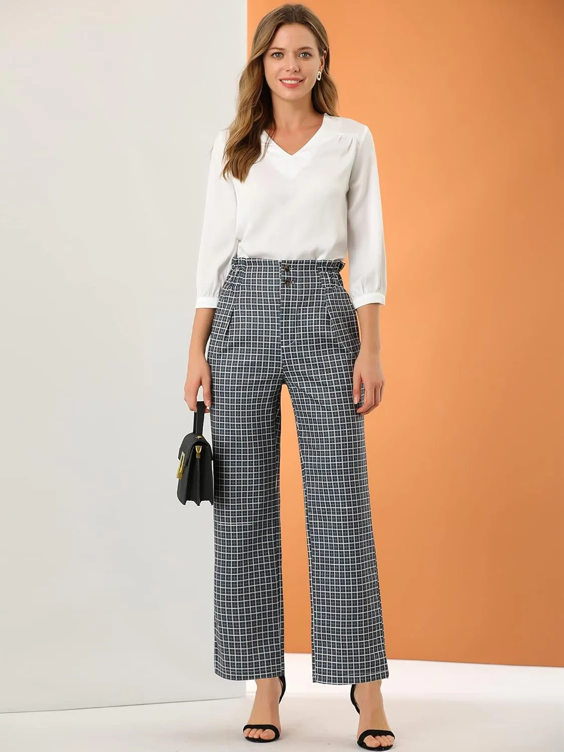 Allegra K Women's High Waist Casual Plaid Tartan Straight Leg Long Pants