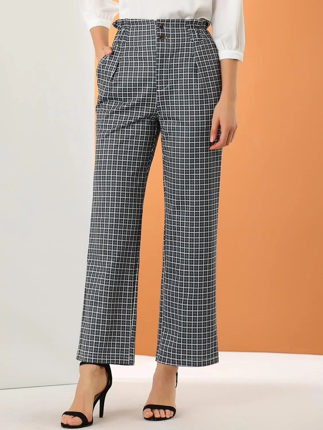 Allegra K Women's High Waist Casual Plaid Tartan Straight Leg Long Pants