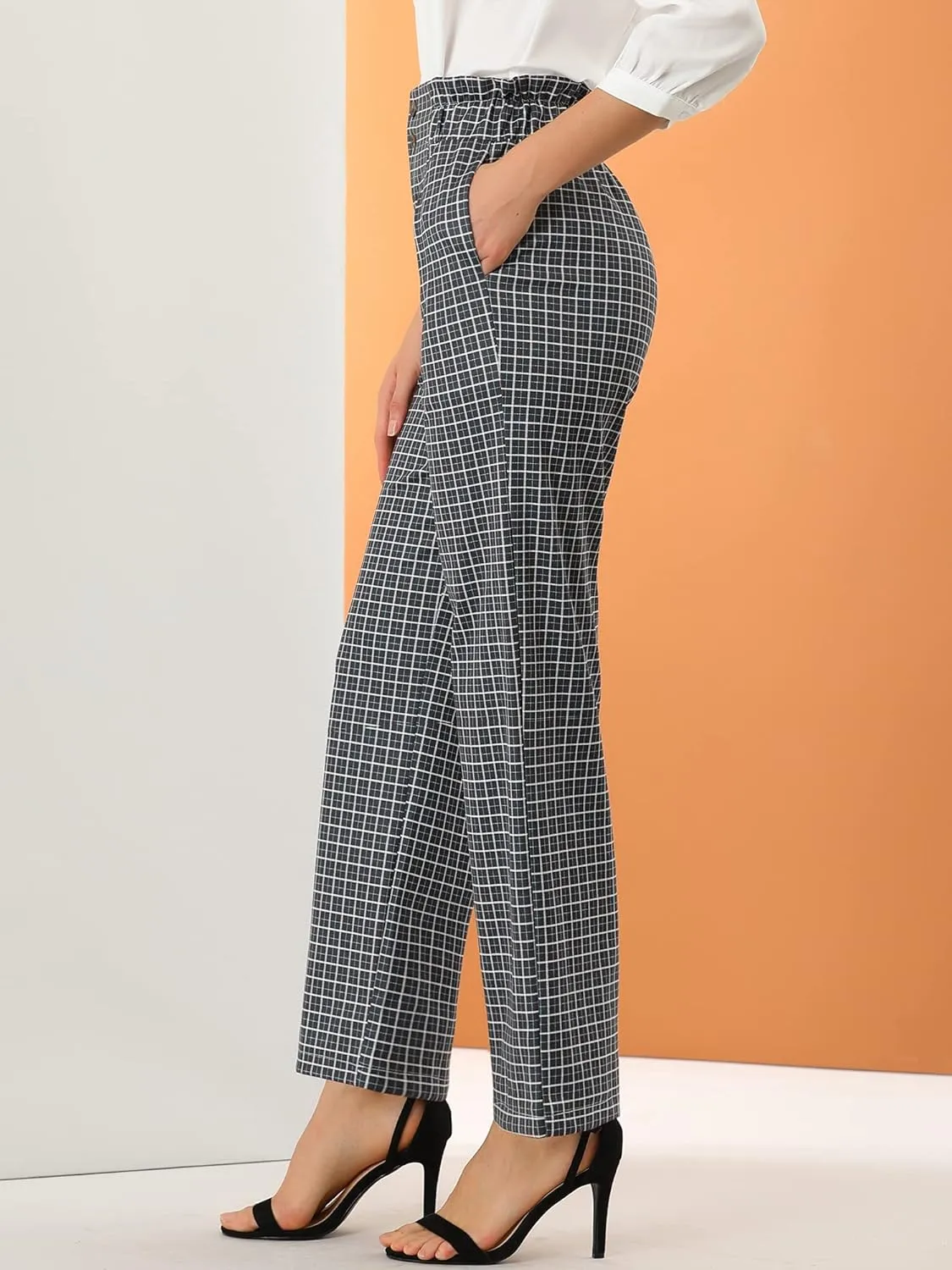 Allegra K Women's High Waist Casual Plaid Tartan Straight Leg Long Pants