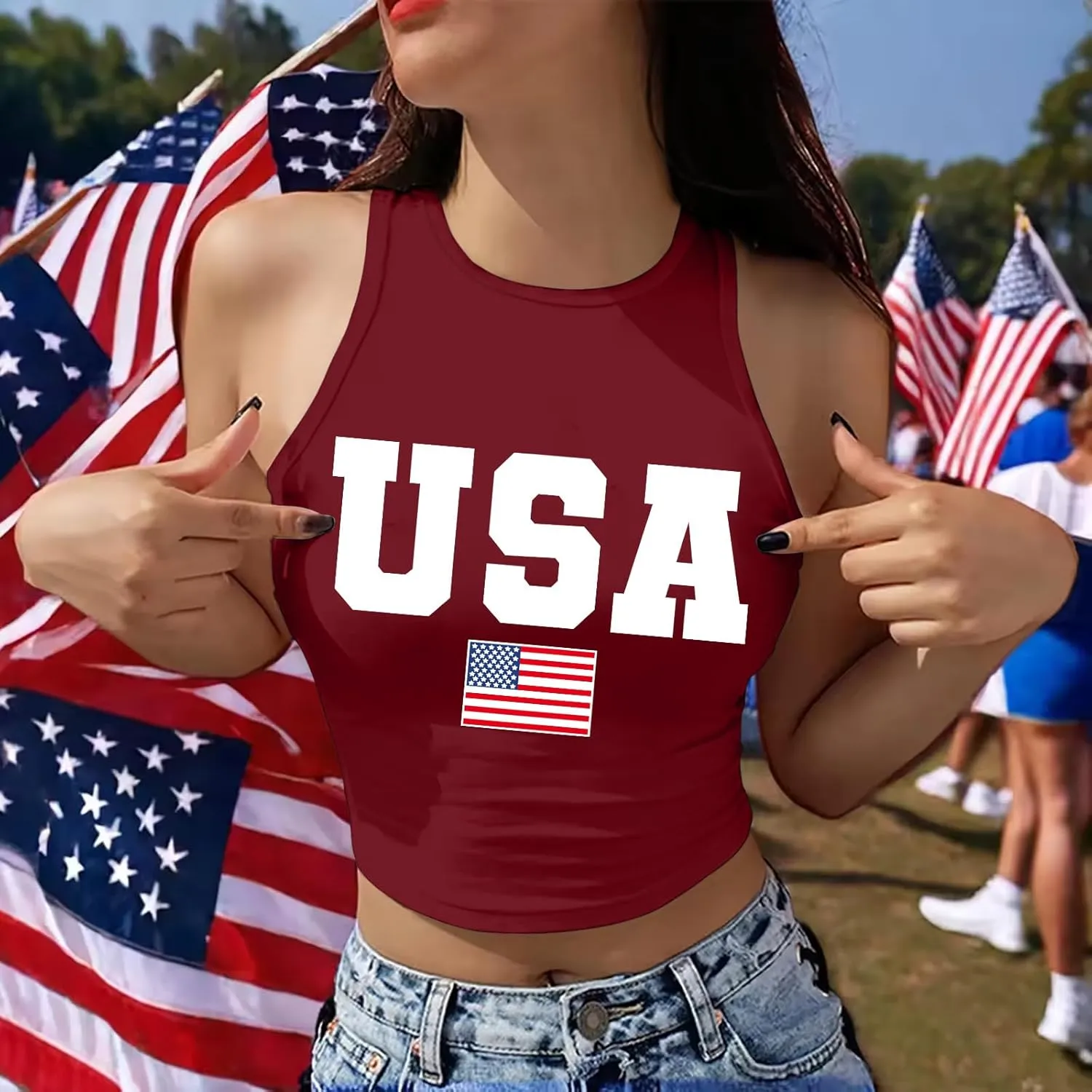 American Flag Crop Tank Tops Women: Patriotic Shirts USA Flag T-Shirt 4th of July Sleeveless Tee Tops