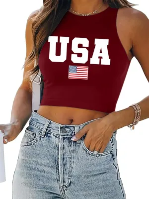 American Flag Crop Tank Tops Women: Patriotic Shirts USA Flag T-Shirt 4th of July Sleeveless Tee Tops