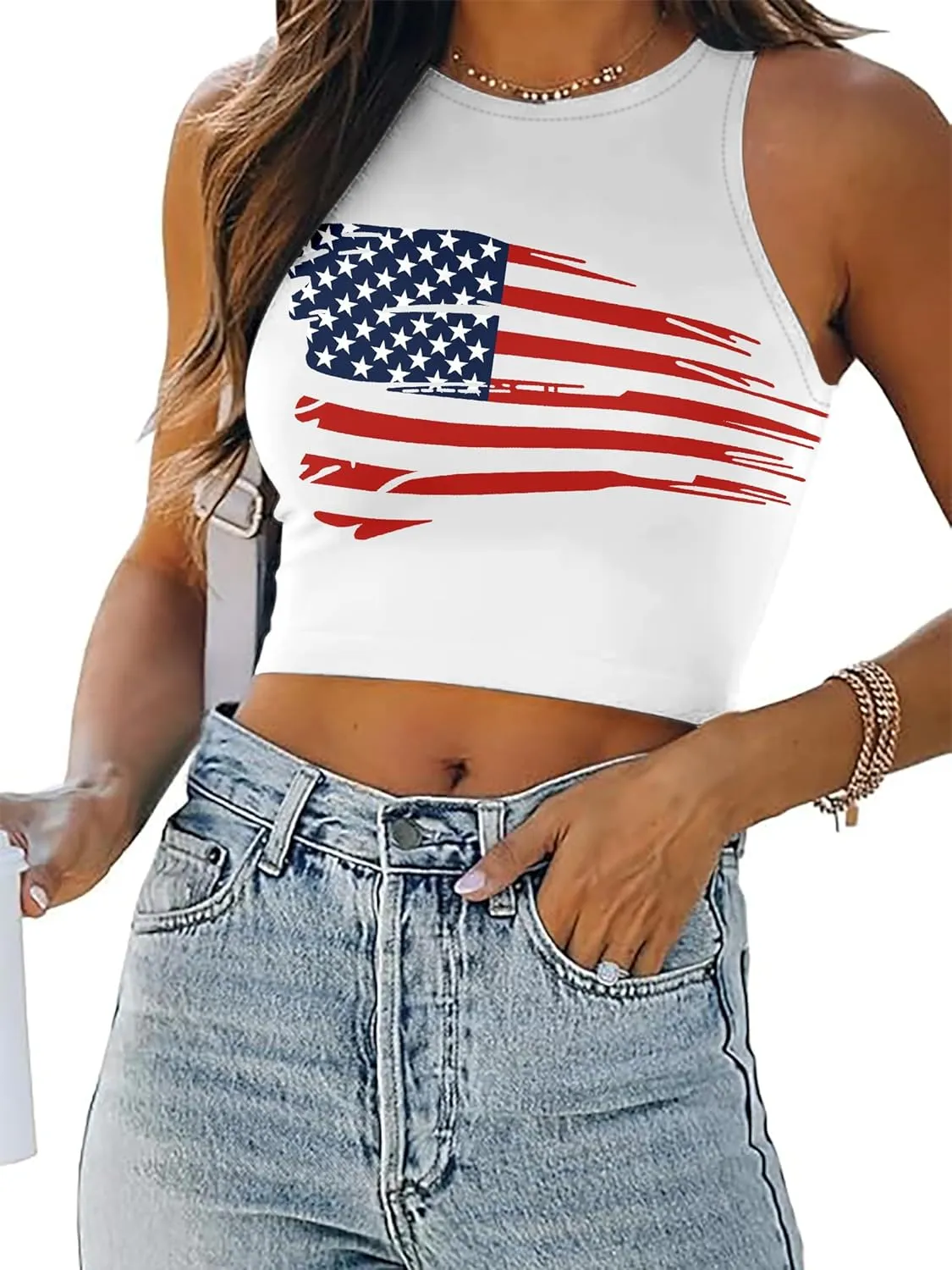 American Flag Crop Tank Tops Women: Patriotic Shirts USA Flag T-Shirt 4th of July Sleeveless Tee Tops
