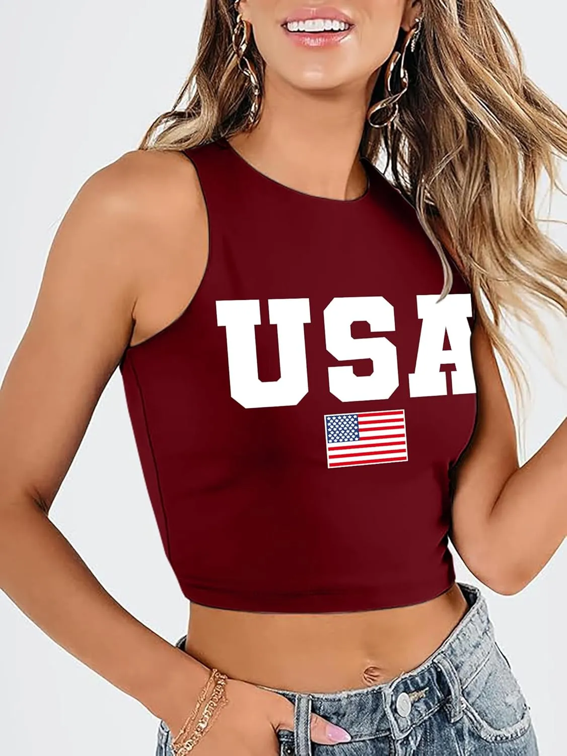 American Flag Crop Tank Tops Women: Patriotic Shirts USA Flag T-Shirt 4th of July Sleeveless Tee Tops