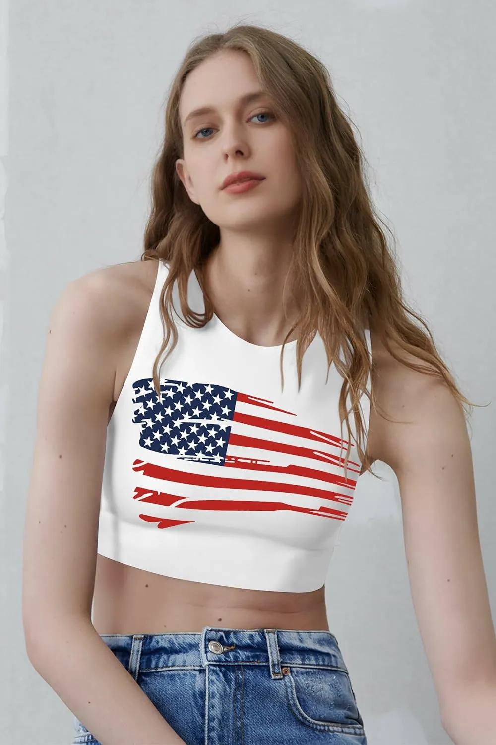 American Flag Crop Tank Tops Women: Patriotic Shirts USA Flag T-Shirt 4th of July Sleeveless Tee Tops