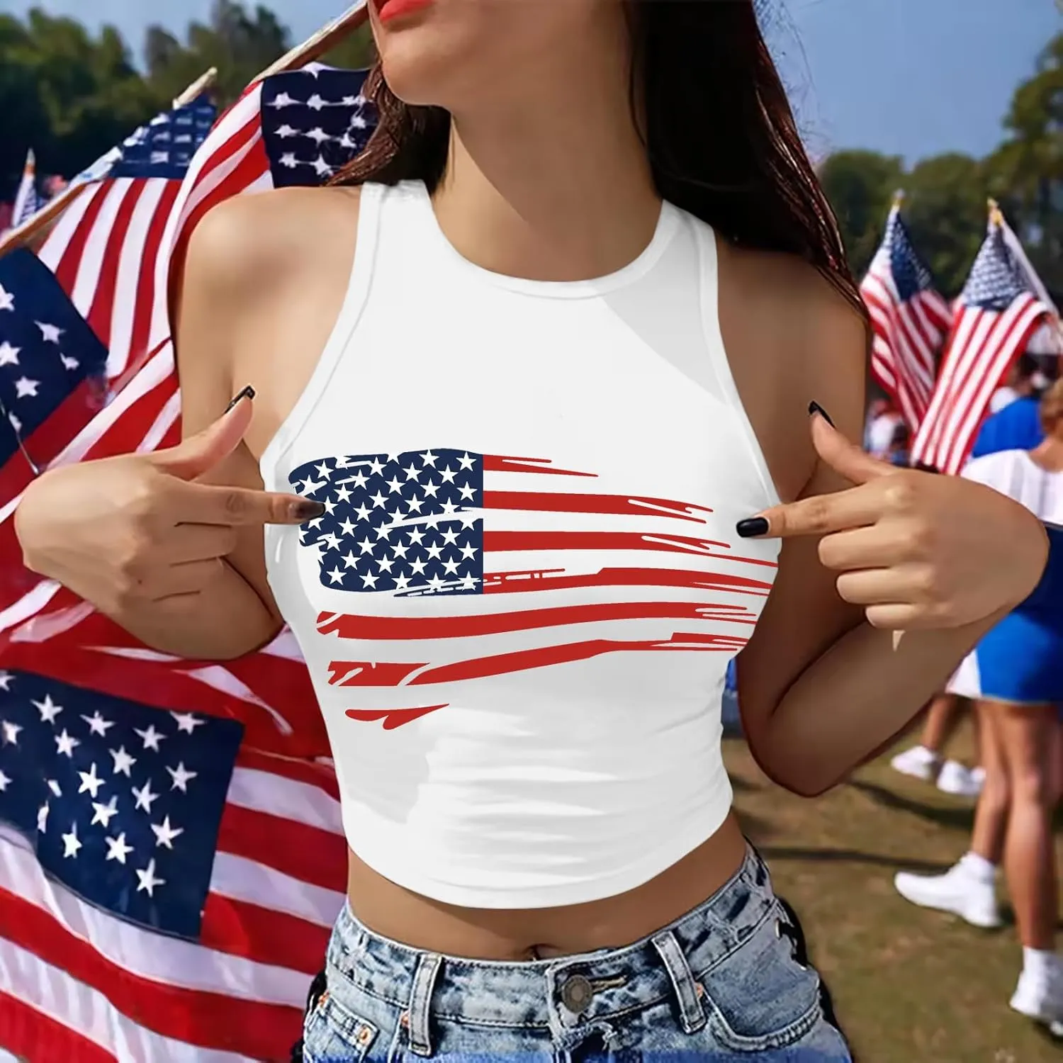 American Flag Crop Tank Tops Women: Patriotic Shirts USA Flag T-Shirt 4th of July Sleeveless Tee Tops