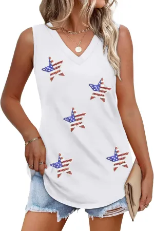 American Flag Tank Tops Women V Neck Patriotic Star Striped Shirt 4th of July Sequin Vest USA Girls Tee