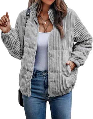 Angashion Women's Bomber Jacket Corduroy Ribbed Quilted Zip Up Long Sleeve Winter Coat Fall Outerwear Tops with Pockets