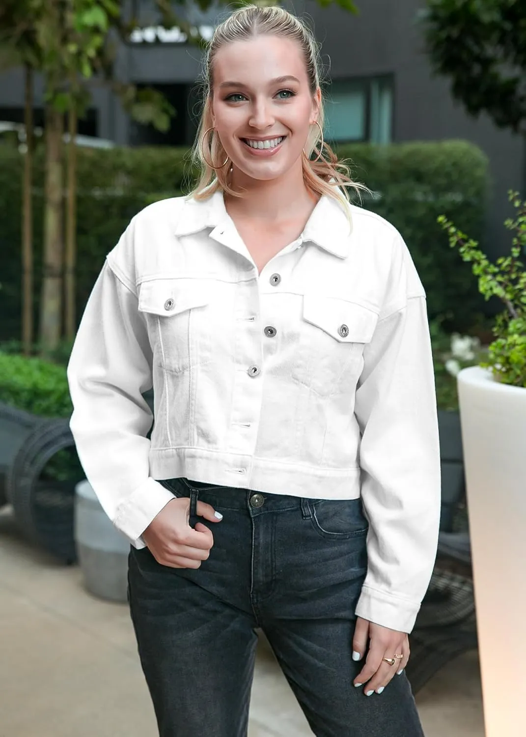Anna-Kaci Women's Classic Long Sleeve Button Down Crop Denim Jean Jackets with Pockets