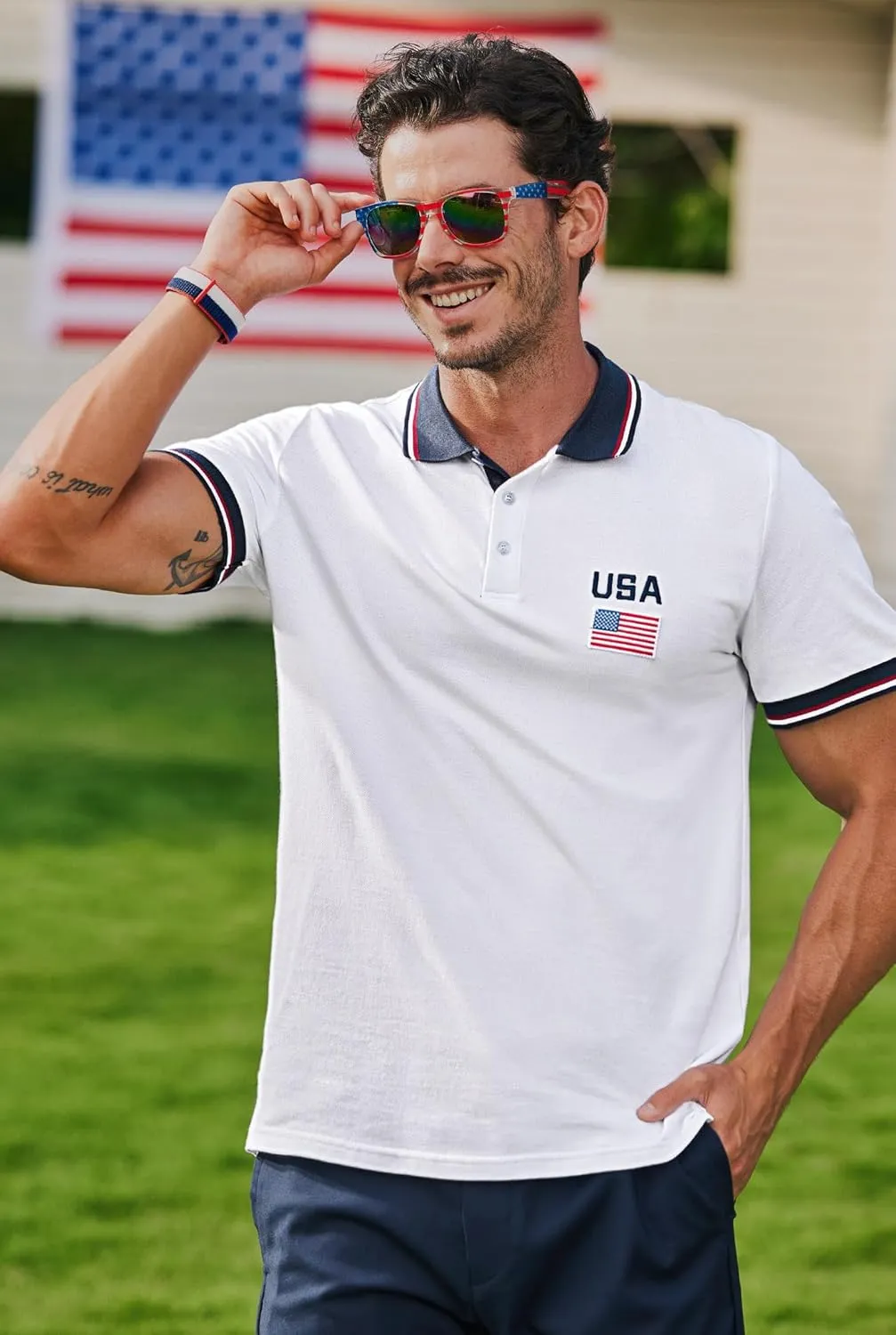 Arvilhill Men's American Flag Polo Shirts Patriotic Golf Polos 1776 Cotton Pique Tee Tops (S-3XL)