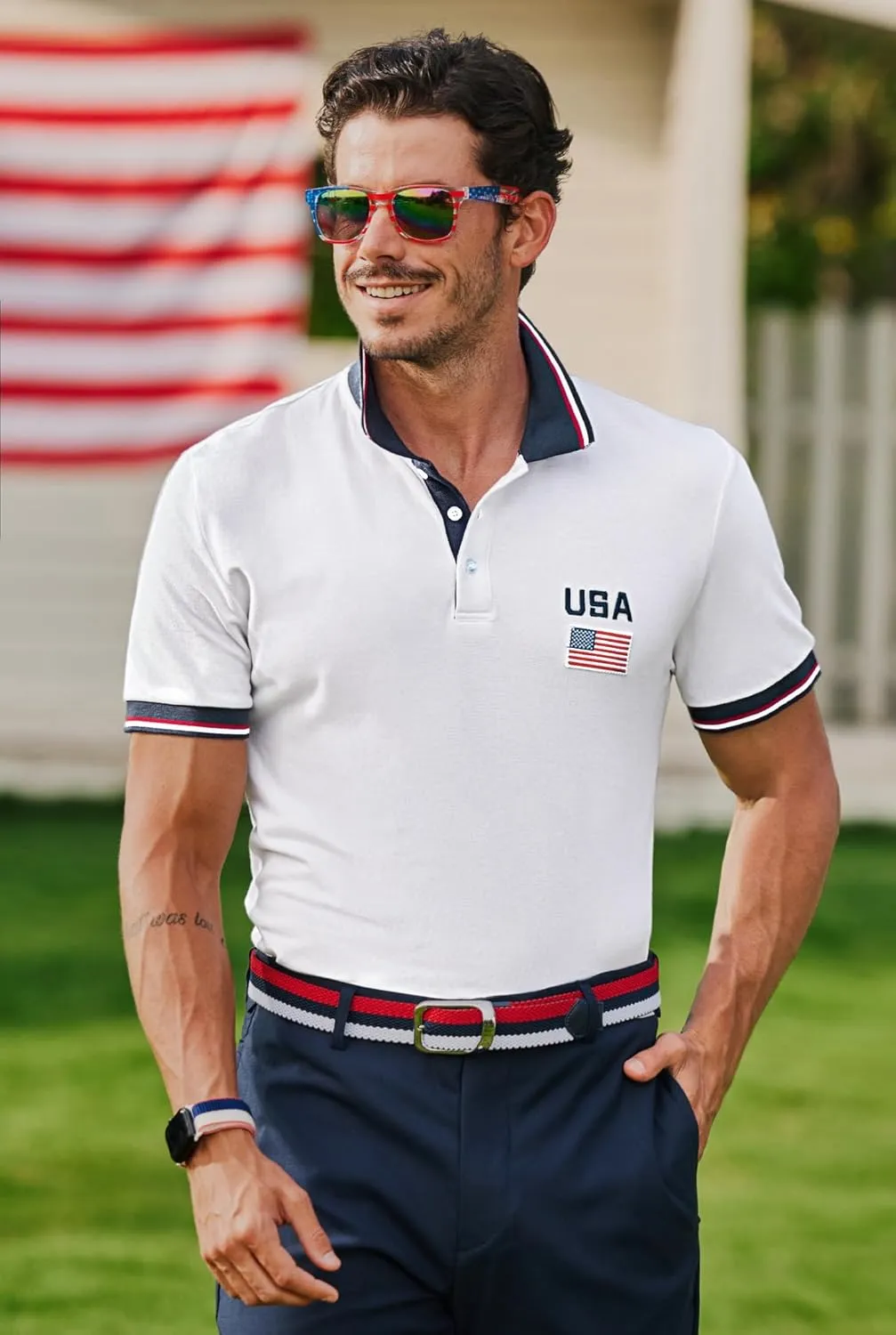 Arvilhill Men's American Flag Polo Shirts Patriotic Golf Polos 1776 Cotton Pique Tee Tops (S-3XL)