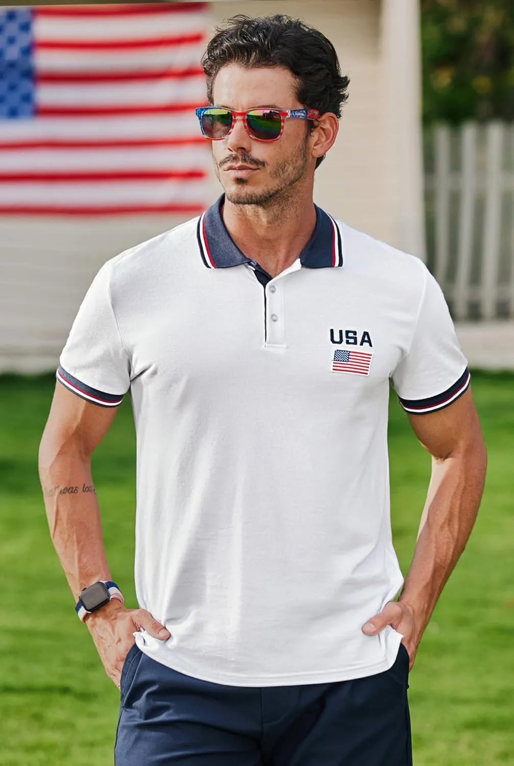 Arvilhill Men's American Flag Polo Shirts Patriotic Golf Polos 1776 Cotton Pique Tee Tops (S-3XL)