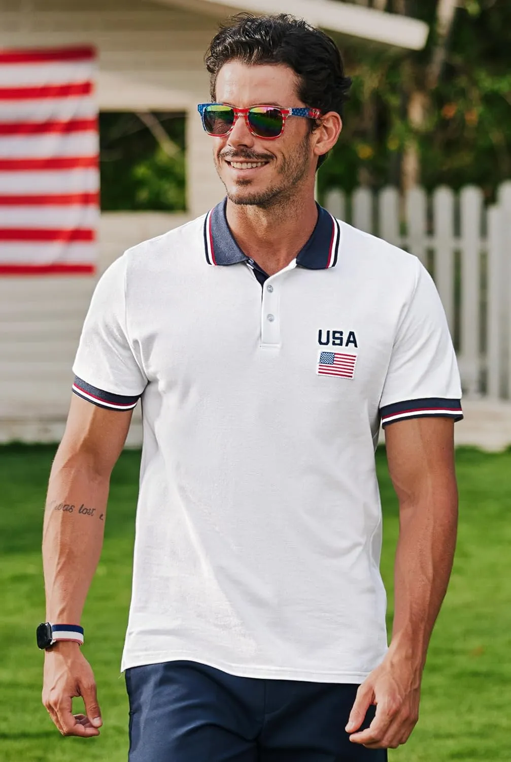 Arvilhill Men's American Flag Polo Shirts Patriotic Golf Polos 1776 Cotton Pique Tee Tops (S-3XL)