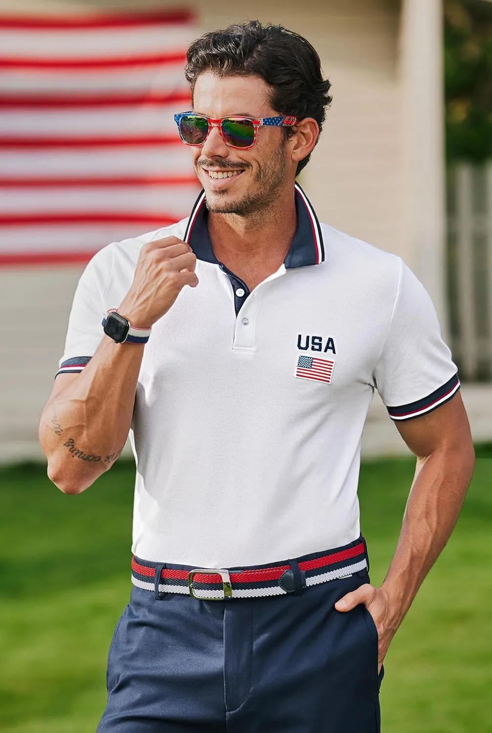 Arvilhill Men's American Flag Polo Shirts Patriotic Golf Polos 1776 Cotton Pique Tee Tops (S-3XL)