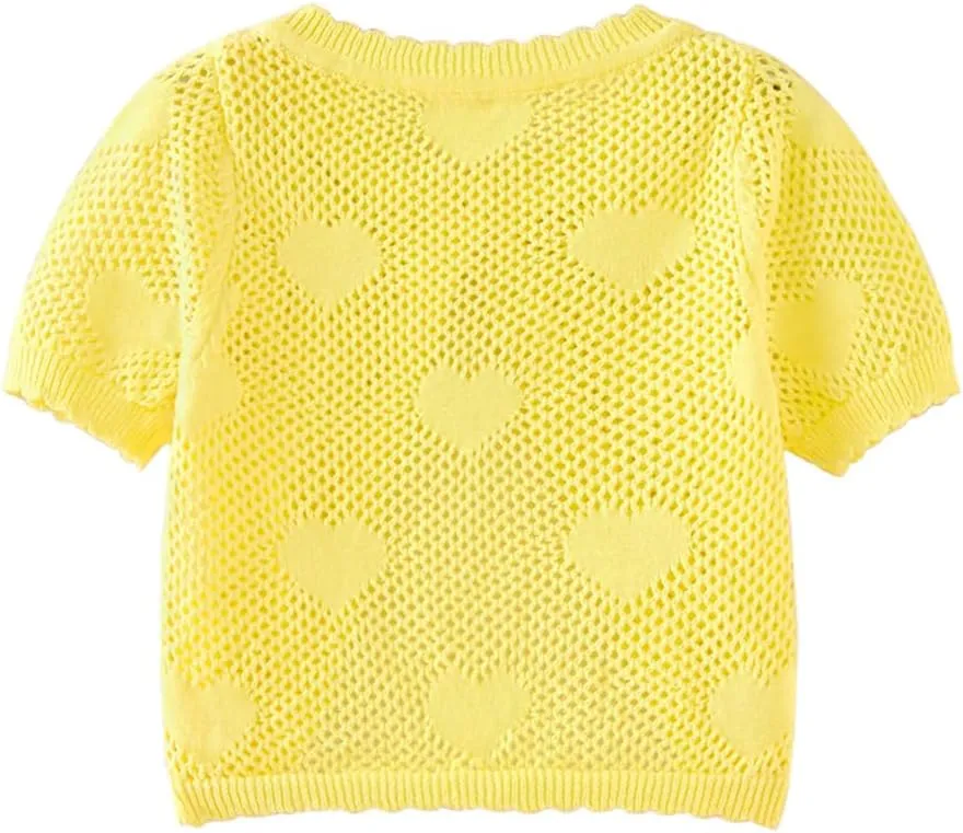 ASHER FASHION Girls Bolero Cardigan Short Sleeve Kids Cute Heart Knitted Hollow Shrug Sweaters Dress Cover Up Crop Tops