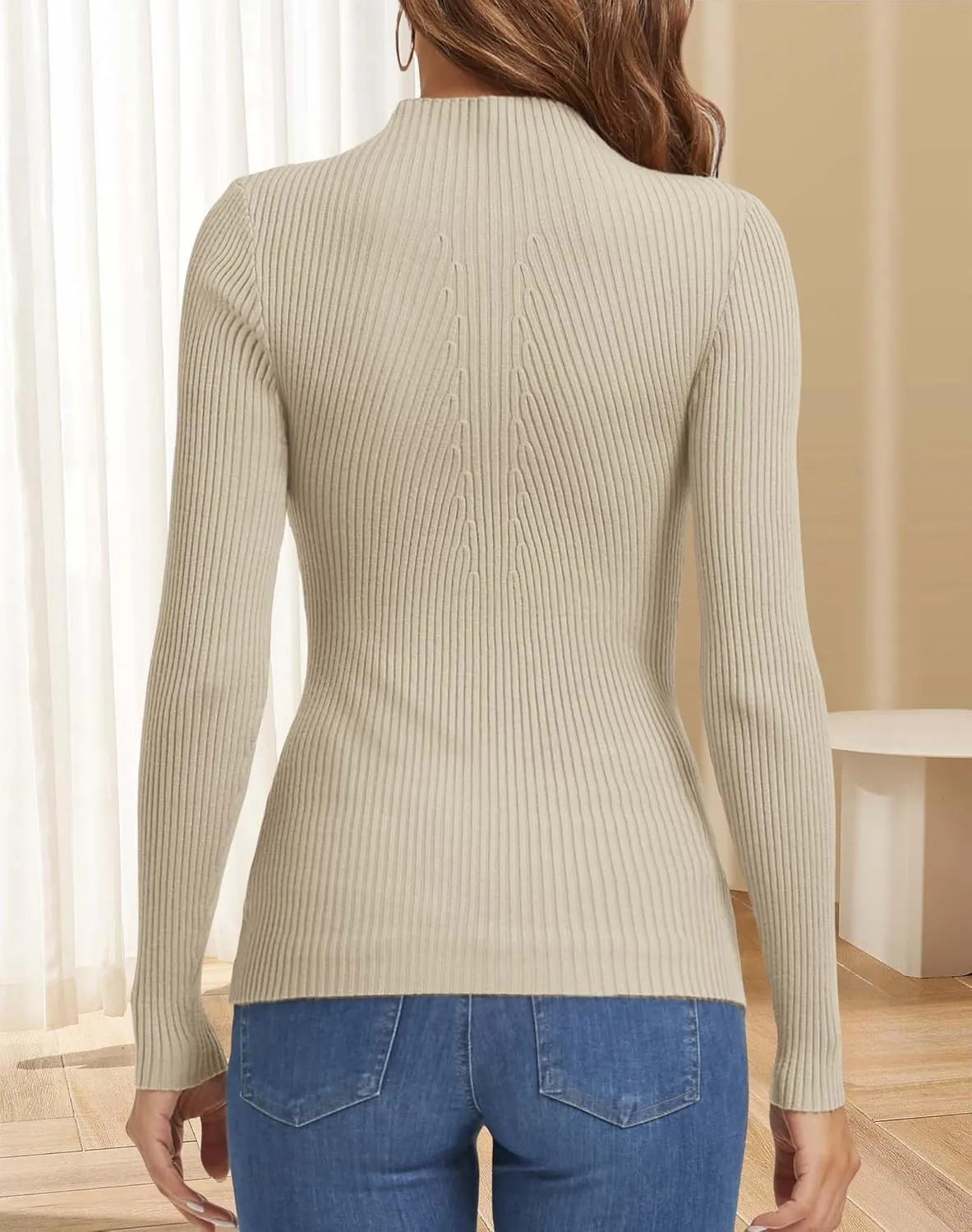 ATHMILE Women's 2025 Fall Long Sleeve Pullover Ribbed Knit Sweater Low Mock Neck Slim Fit Basic Casual Tee Tops