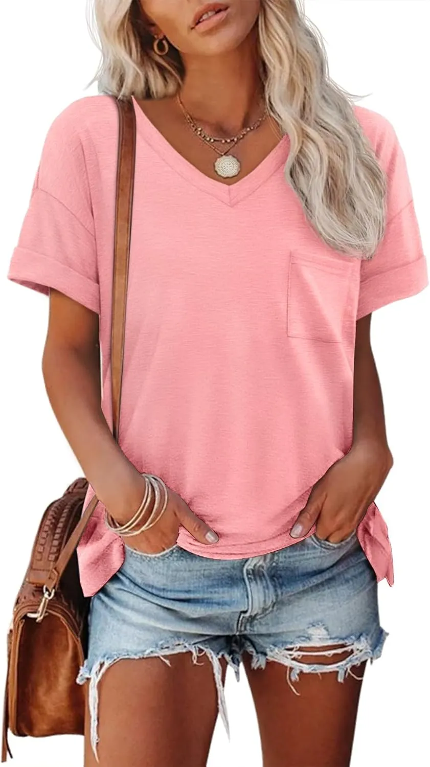 ATHMILE Womens T Shirts 2025 Short Sleeve V-Neck Shirts Cute Fit Summer Casual Tee Tops S-3XL Beach