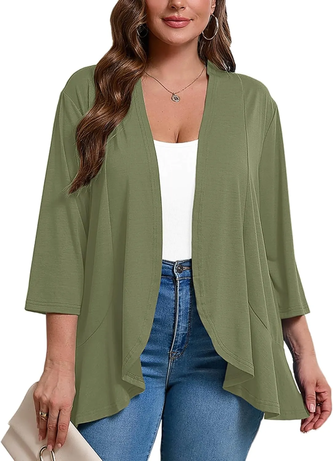 AusLook Women's Plus Size 3/4 Sleeves Lightweight Open Front Cardigan Draped Ruffles Shawls and Wraps Shrugs Kimono Jacket